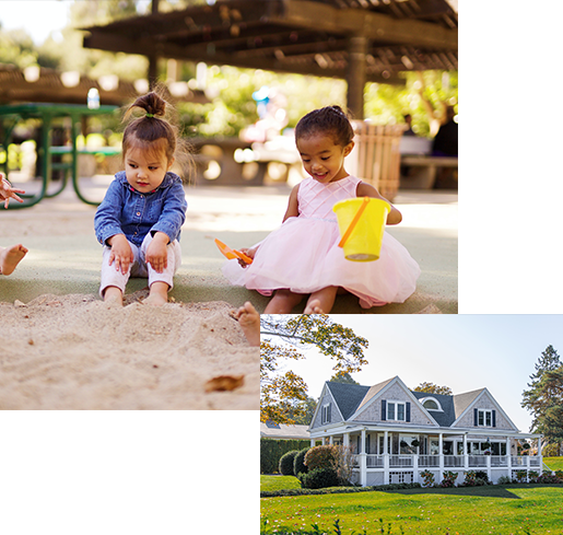 Two pictures of a house and some little kids.