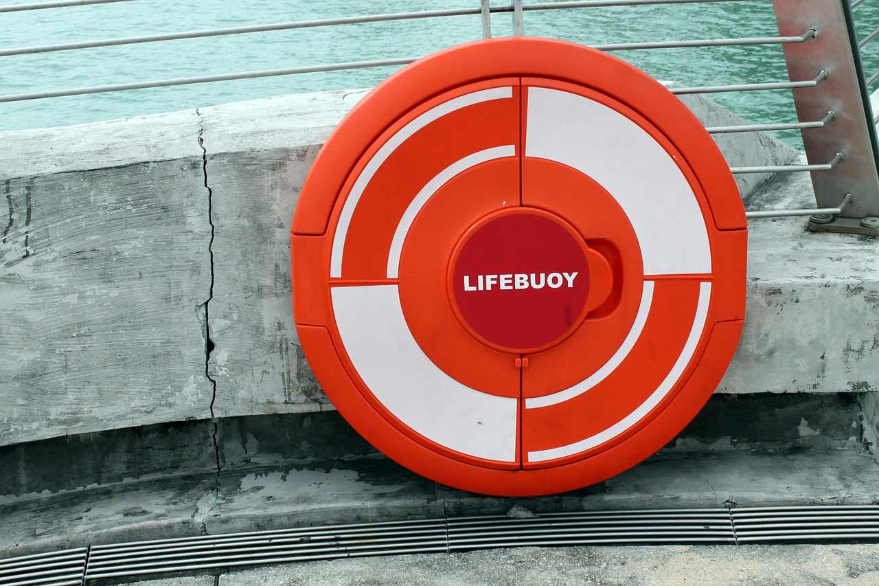 A lifebuoy is sitting on the ground near some water.