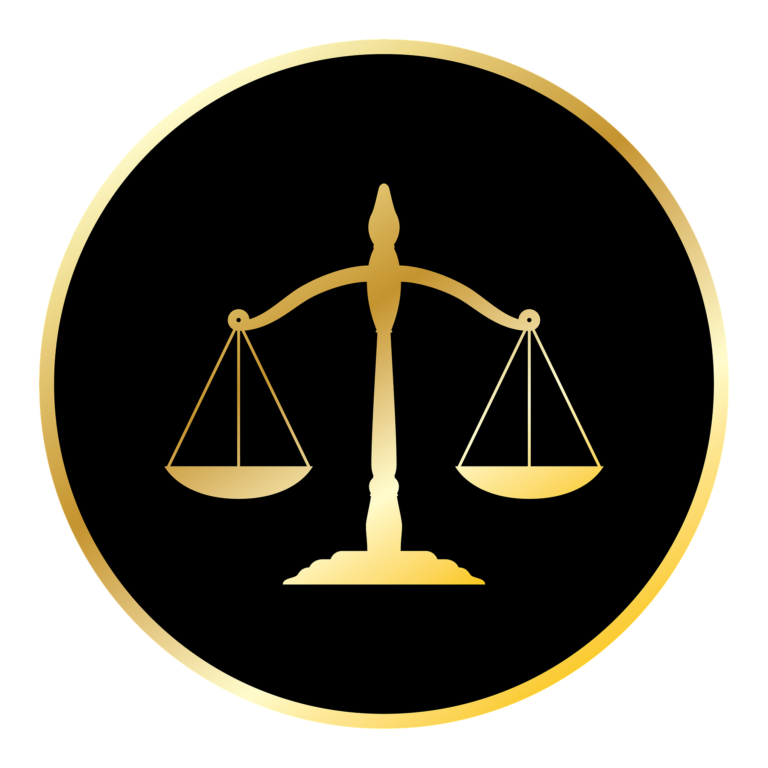 A gold colored icon of the scales of justice.